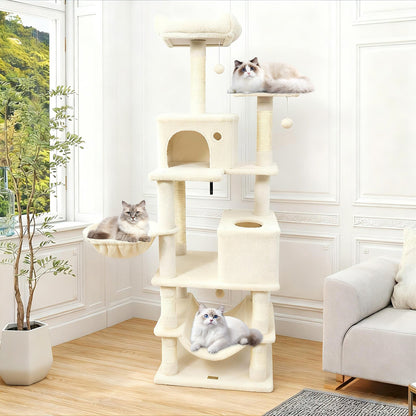 66 Inch Tall Cat Tree Multi-Level Cat Tower with 2 Condos Sisal Scratching Posts-Beige