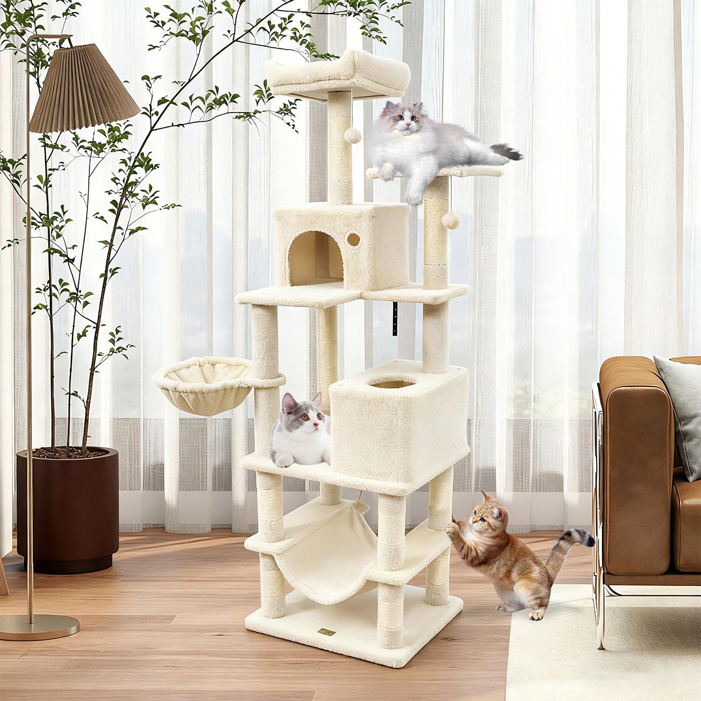 66 Inch Tall Cat Tree Multi-Level Cat Tower with 2 Condos Sisal Scratching Posts-Beige