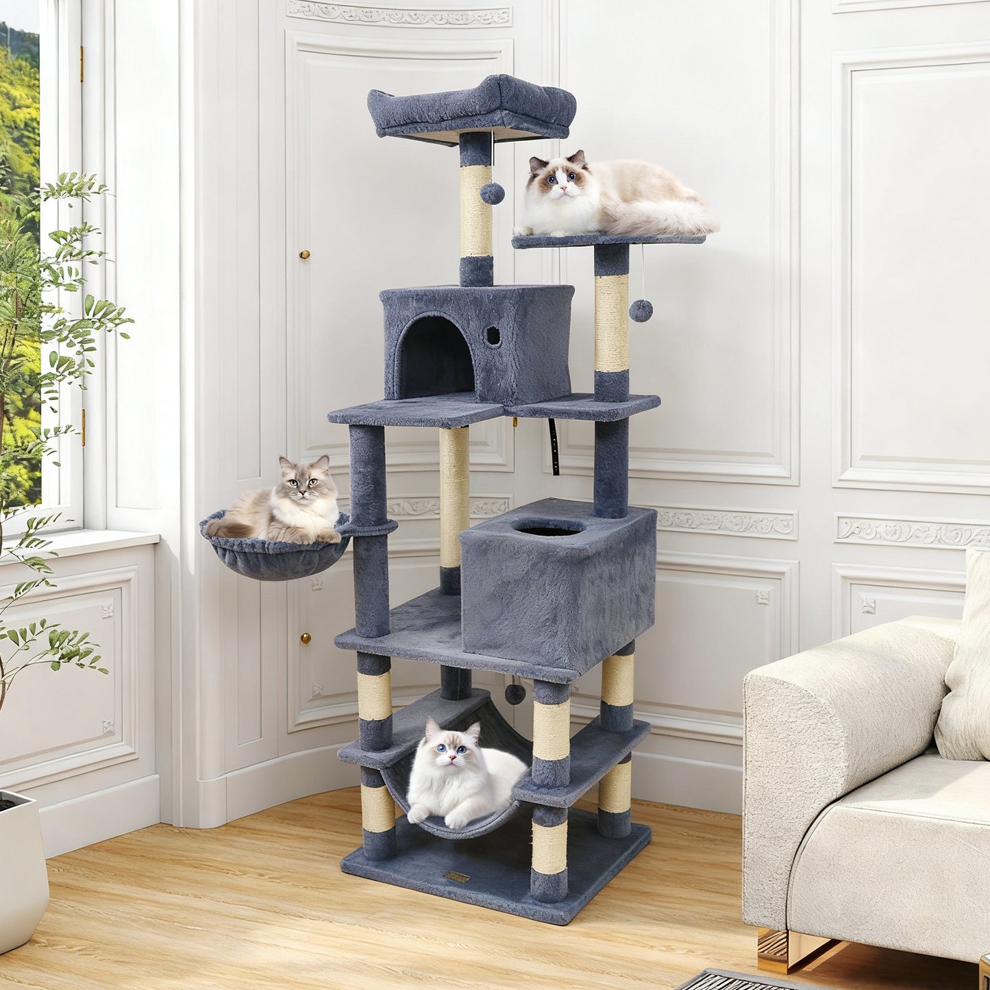 66 Inch Tall Cat Tree Multi-Level Cat Tower with 2 Condos Sisal Scratching Posts-Beige