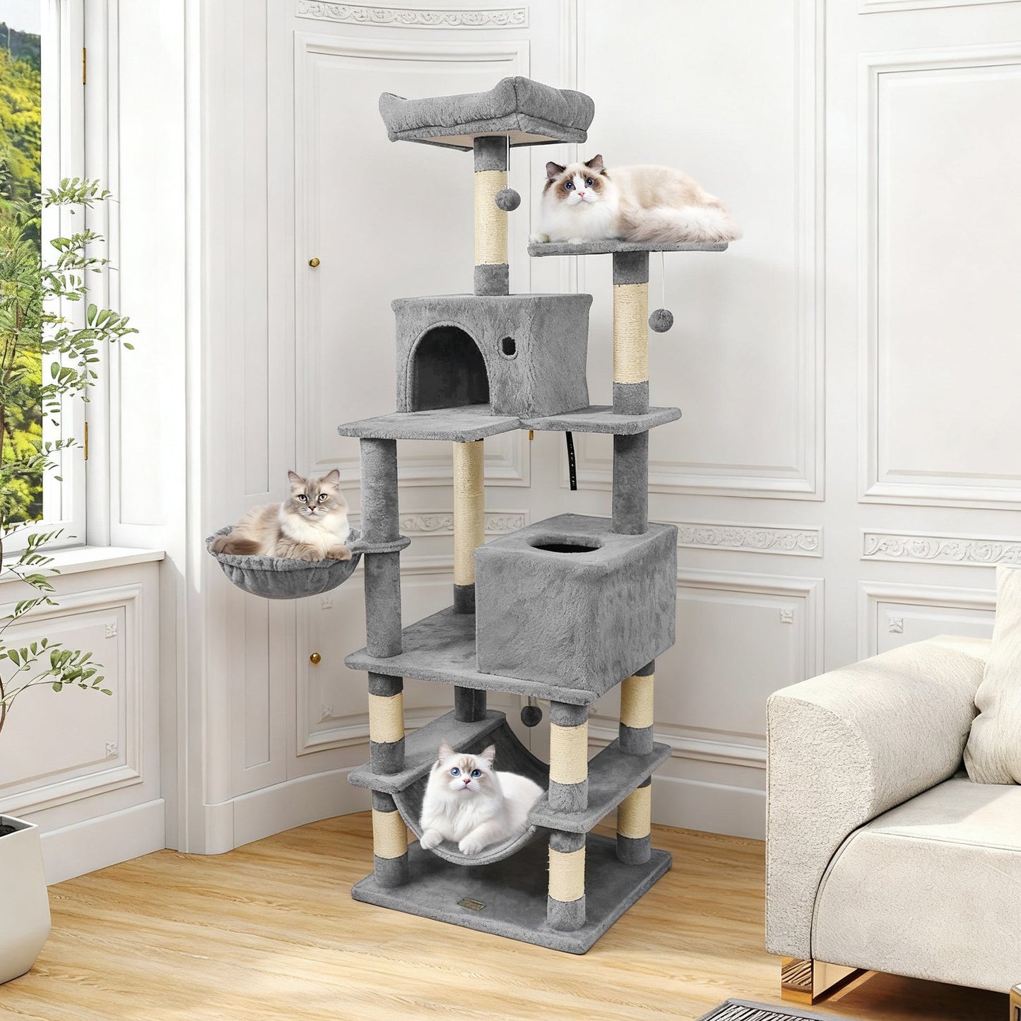 66 Inch Tall Cat Tree Multi-Level Cat Tower with 2 Condos Sisal Scratching Posts-Beige