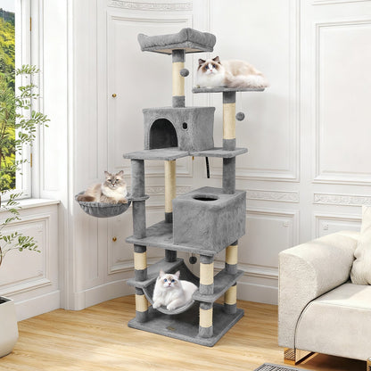66 Inch Tall Cat Tree Multi-Level Cat Tower with 2 Condos Sisal Scratching Posts-Beige