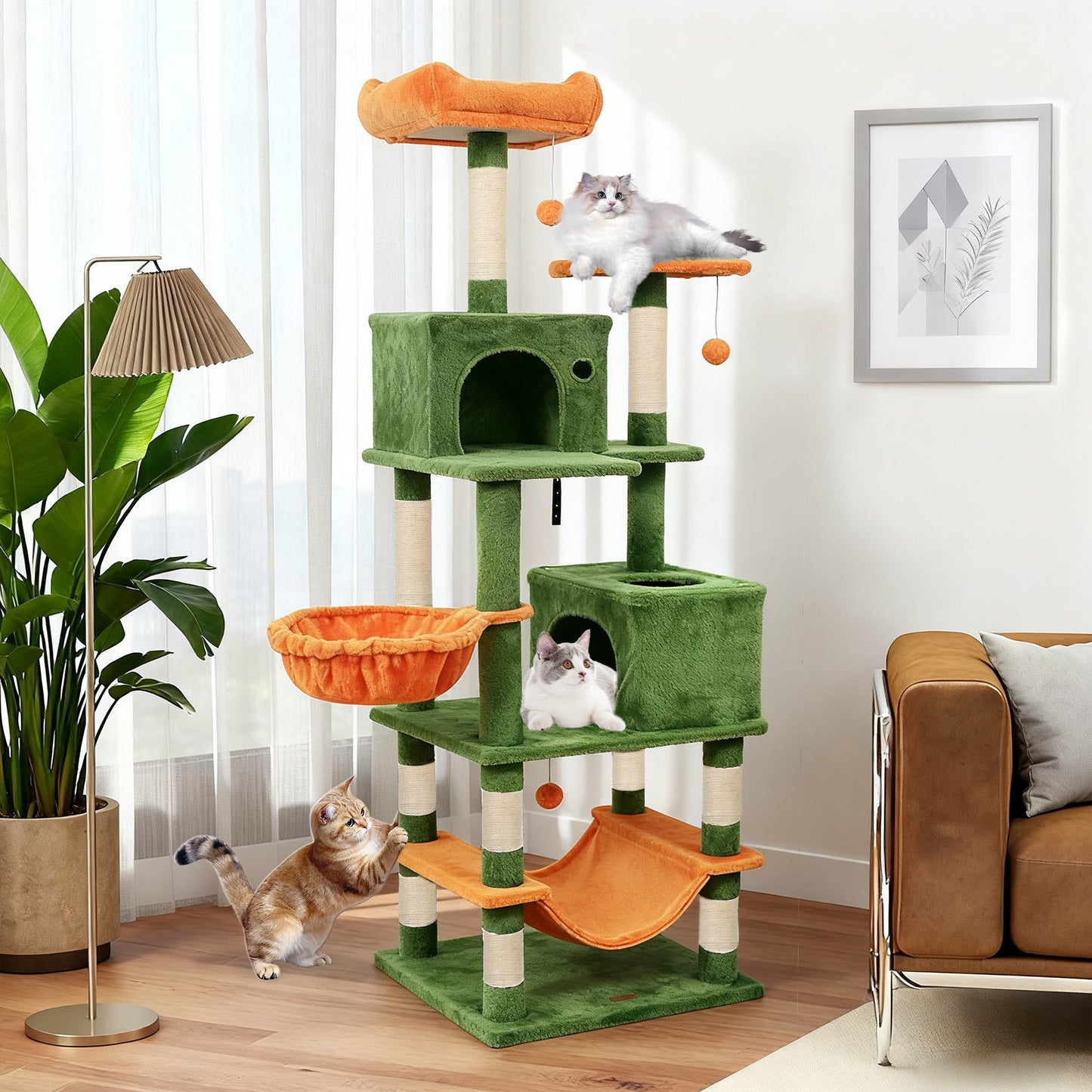 66 Inch Tall Cat Tree Multi-Level Cat Tower with 2 Condos Sisal Scratching Posts-Beige