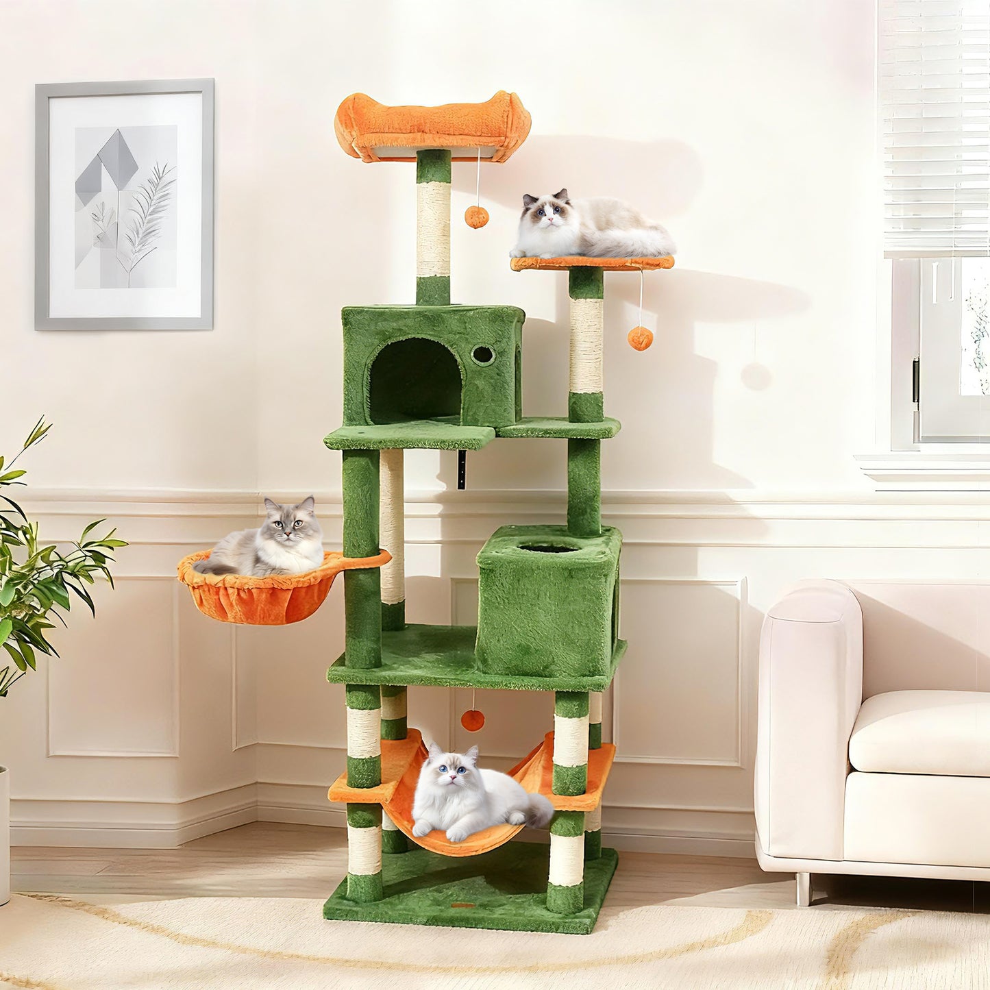 66 Inch Tall Cat Tree Multi-Level Cat Tower with 2 Condos Sisal Scratching Posts-Beige