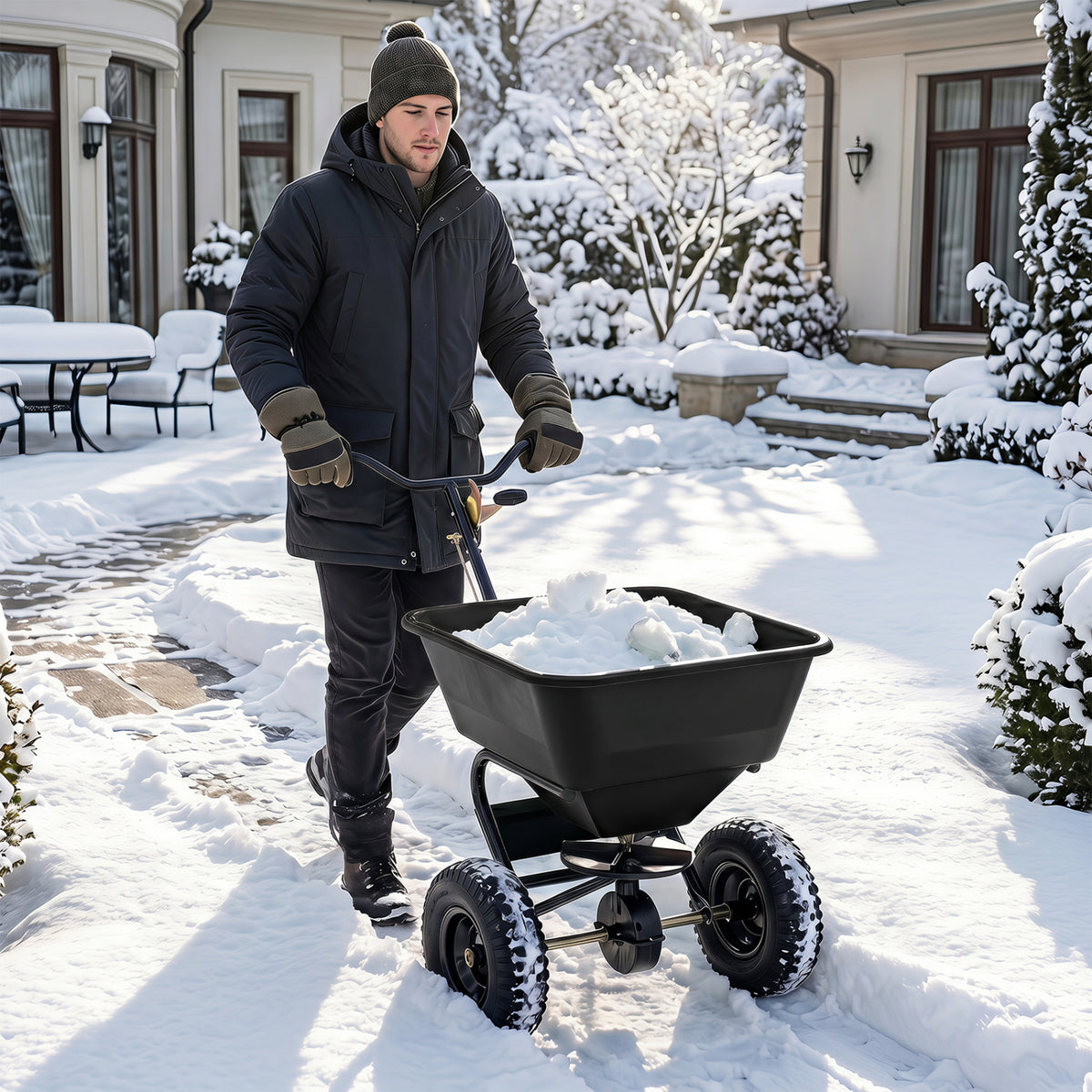 Walk-behind broadcast spreader by Wilsons Home Store with 13-inch all-terrain tires, 66 lbs capacity for lawn and garden use.