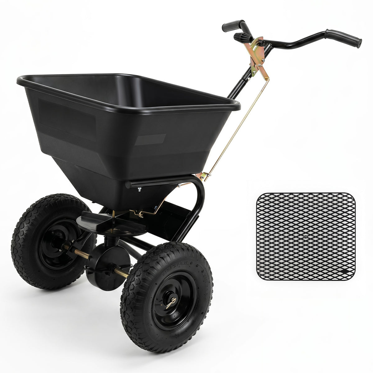 Black 66 lbs walk-behind broadcast spreader with 13-inch all-terrain tires for lawn care from Wilsons Home Store.