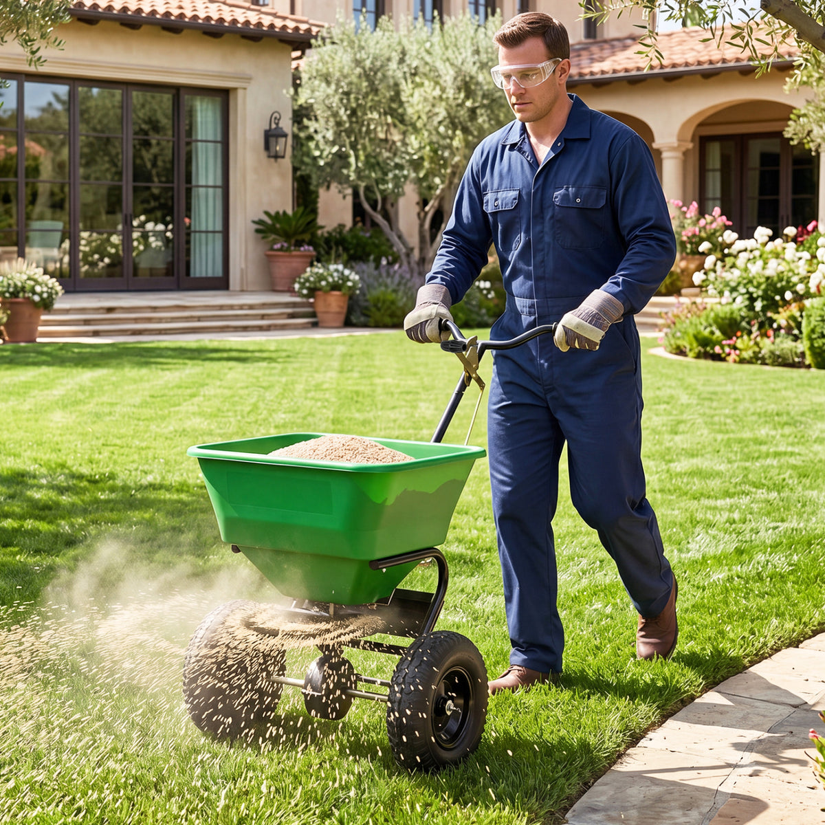 Black 66 lbs walk-behind broadcast spreader with 13-inch all-terrain tires for lawn and garden fertilizing by Wilsons Home Store.