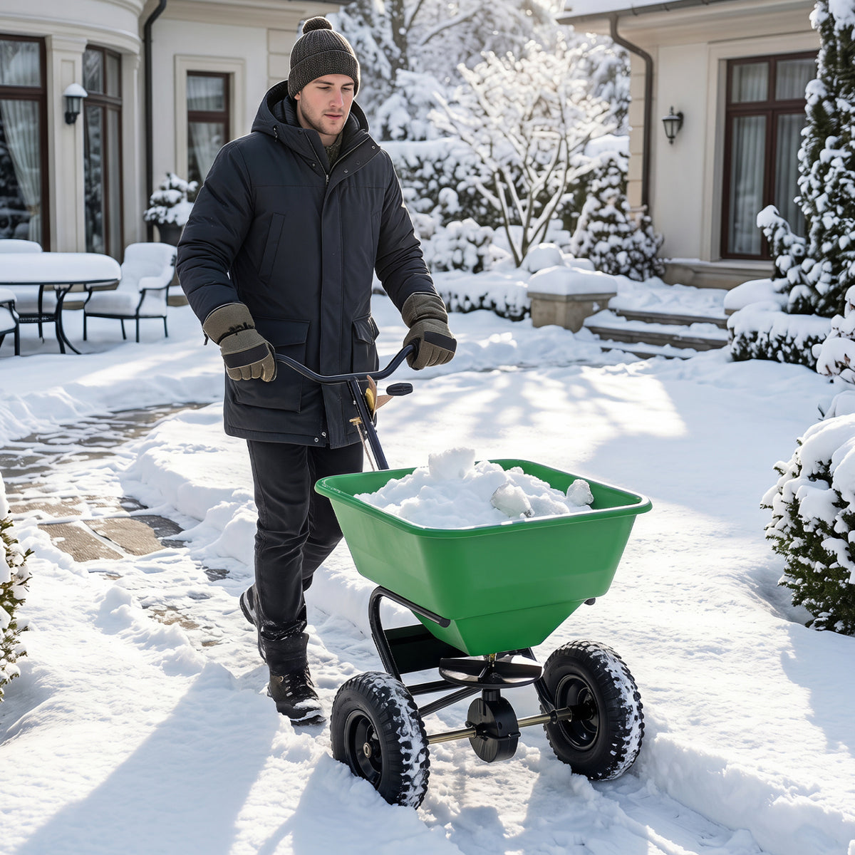 Black 66 lbs walk-behind broadcast spreader with 13-inch all-terrain tires, ideal for lawn care and garden fertilizing.