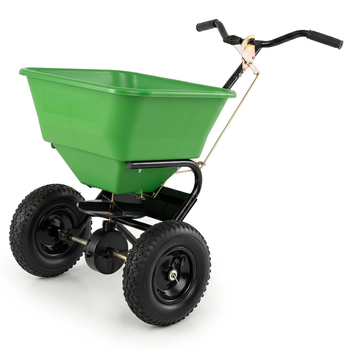 Black 66 lbs walk-behind broadcast spreader with 13-inch all-terrain tires, ideal for lawn care and garden fertilizing.