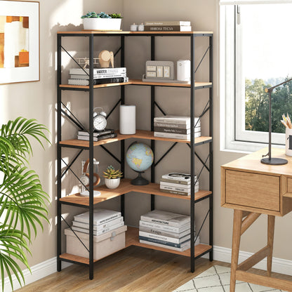 66" Tall 5-Tier L-Shaped Bookcase with Metal Frame for Living Room-Rustic Brown
