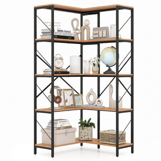 Rustic brown 66-inch tall 5-tier L-shaped bookcase with metal frame, ideal for living room or home office storage.