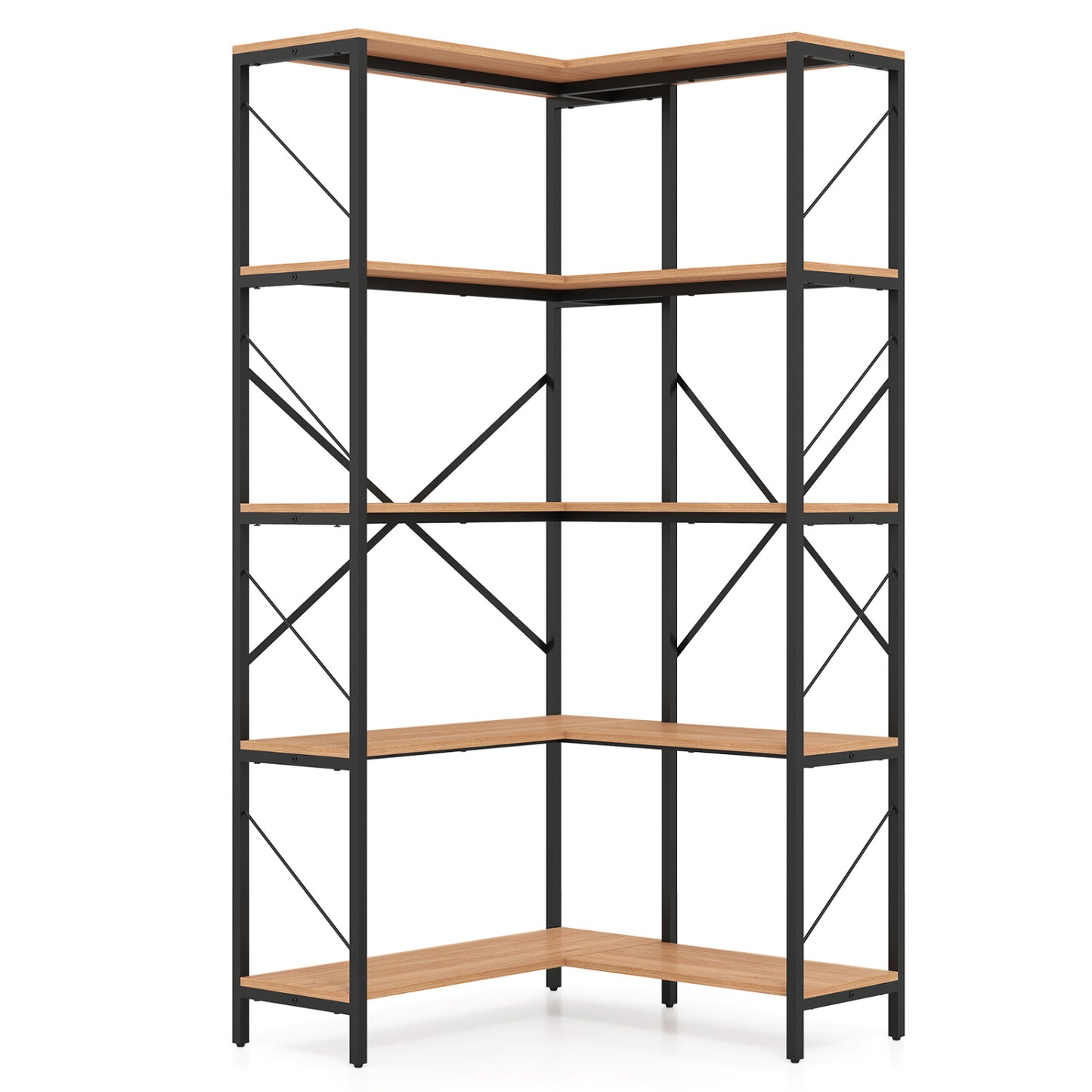 66" Tall 5-Tier L-Shaped Bookcase with Metal Frame for Living Room-Rustic Brown