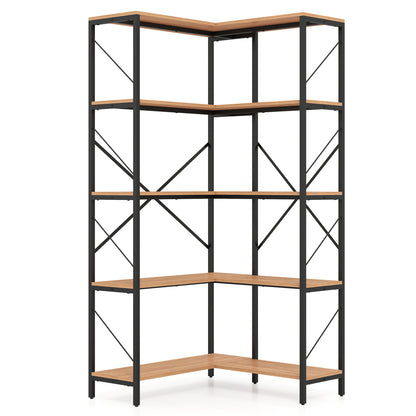 66" Tall 5-Tier L-Shaped Bookcase with Metal Frame for Living Room-Rustic Brown