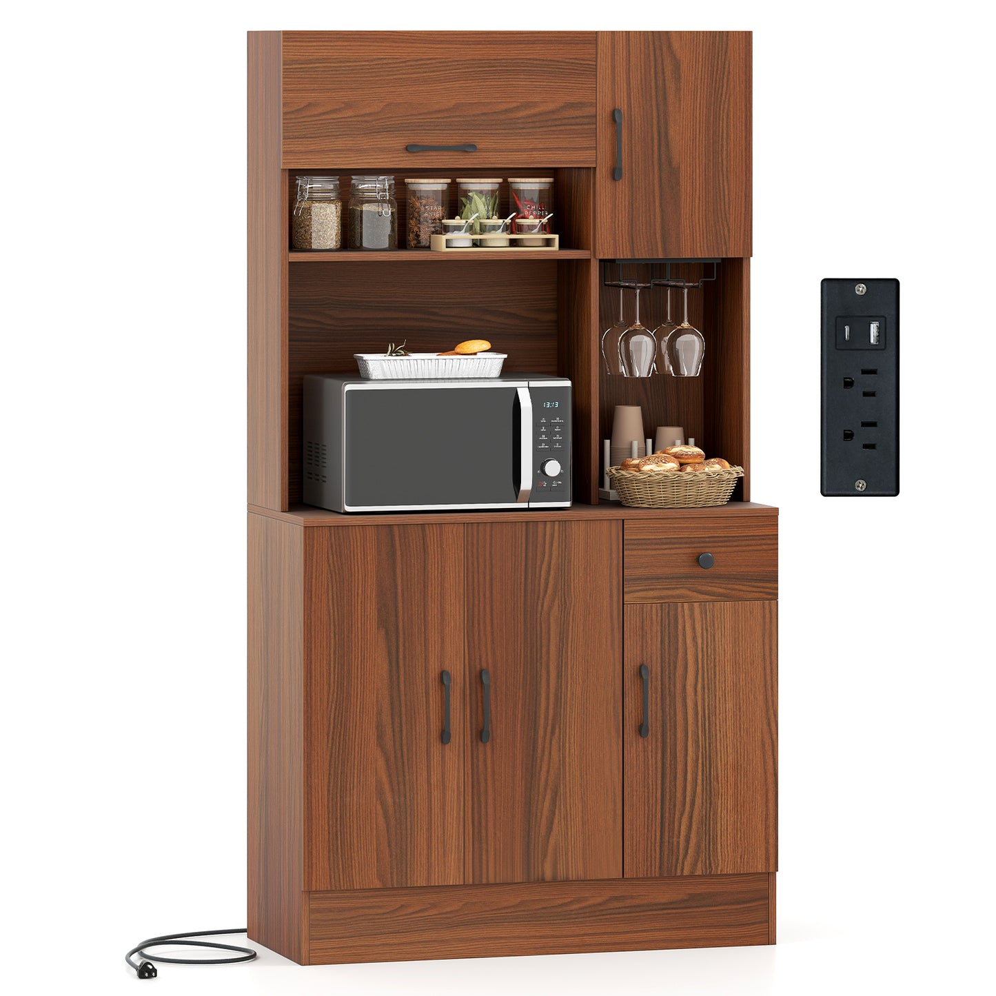 66 inch Pantry Cabinet with Charging Station and Microwave Stand-Brown