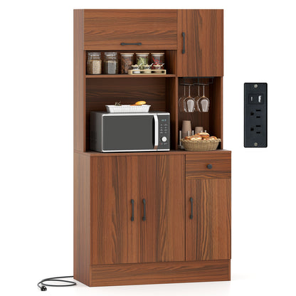 66 inch Pantry Cabinet with Charging Station and Microwave Stand-Brown
