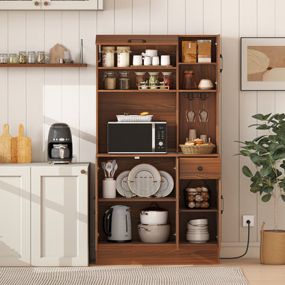 66 inch Pantry Cabinet with Charging Station and Microwave Stand-Brown