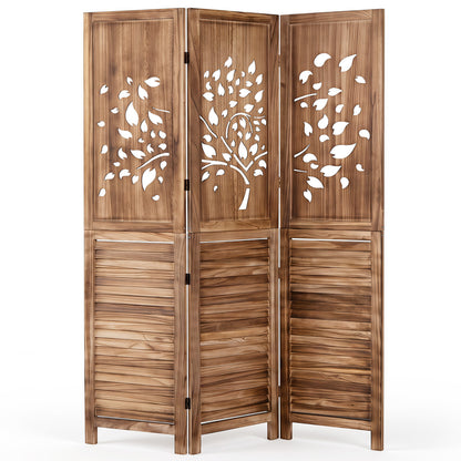 67" Folding Room Divider 3 Panels with Tree Cutout & Louver Design for Room-Rustic Brown