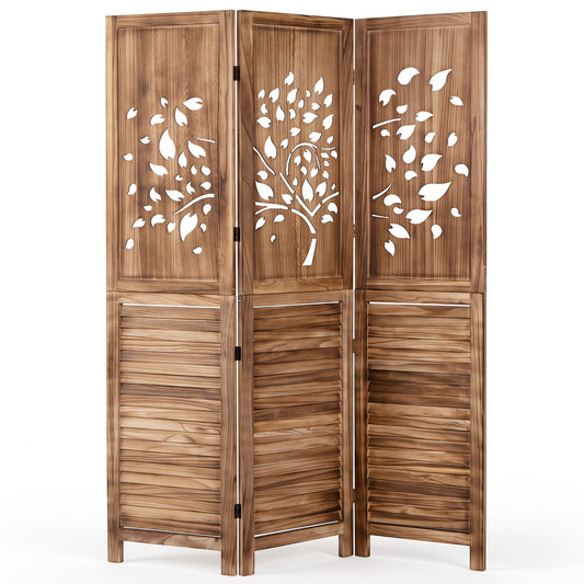 Rustic brown 67-inch folding room divider with three panels, tree cutout, and louver design for stylish home decor.