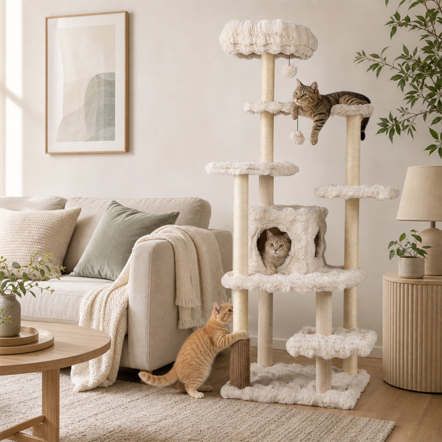 67 Inch Multi-level Cat Tree with Large Cat Condo and Padded Perch-Beige