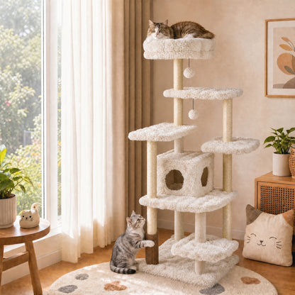 67 Inch Multi-level Cat Tree with Large Cat Condo and Padded Perch-Beige