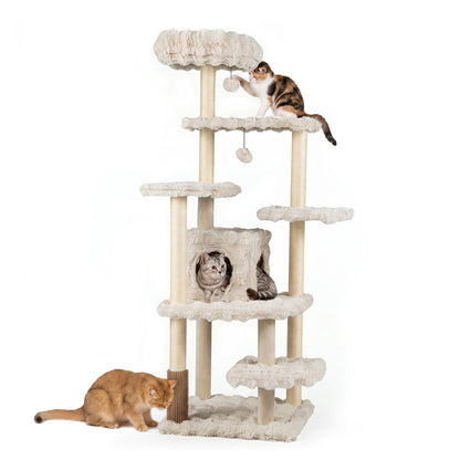 67 Inch Multi-level Cat Tree with Large Cat Condo and Padded Perch-Beige