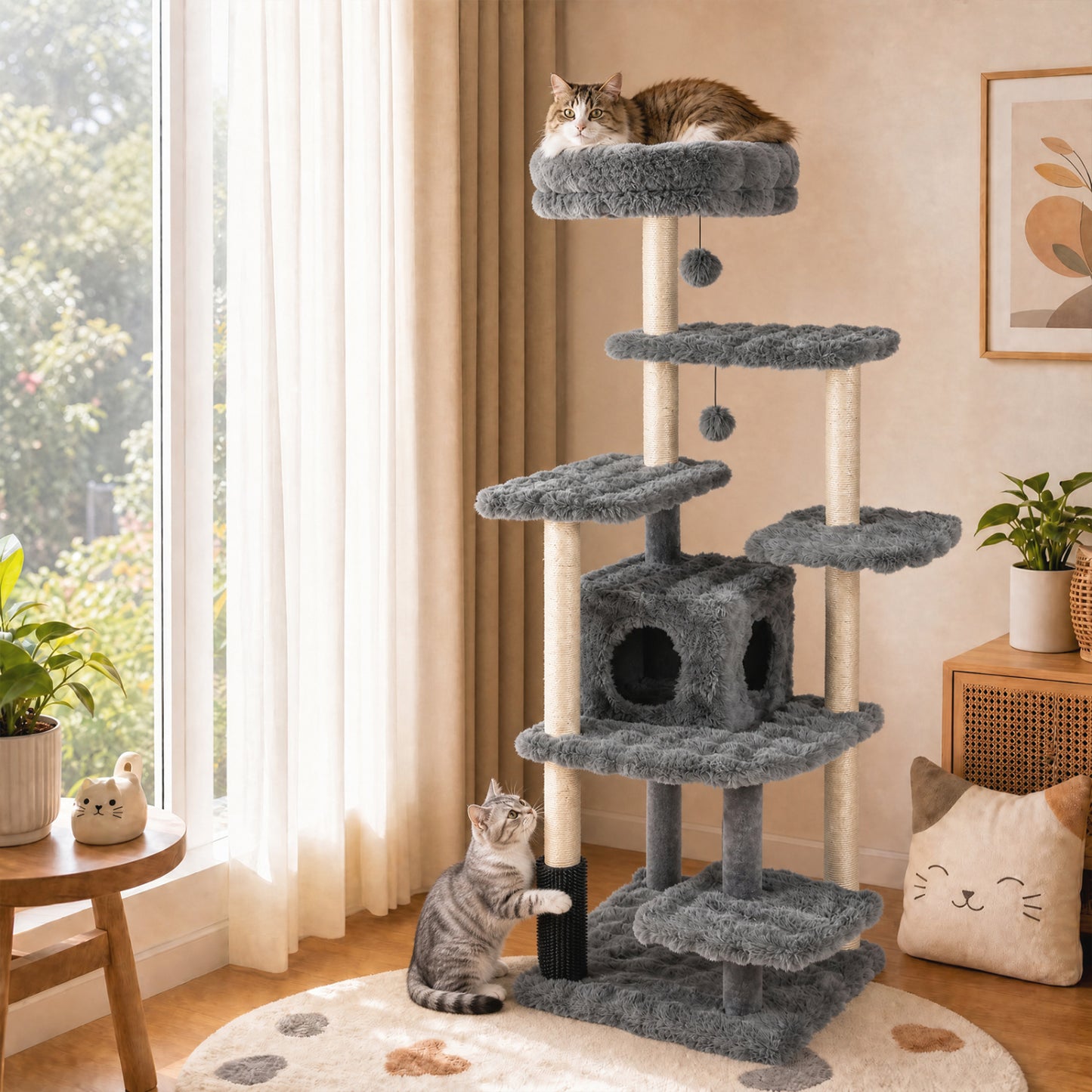 67 Inch Multi-level Cat Tree with Large Cat Condo and Padded Perch-Beige