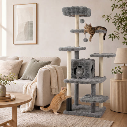 67 Inch Multi-level Cat Tree with Large Cat Condo and Padded Perch-Beige