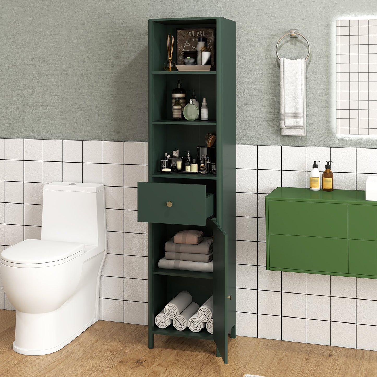 67 Inch Tall Bathroom Cabinet  Narrow Floor Cabinet with Fluted Door-Beige