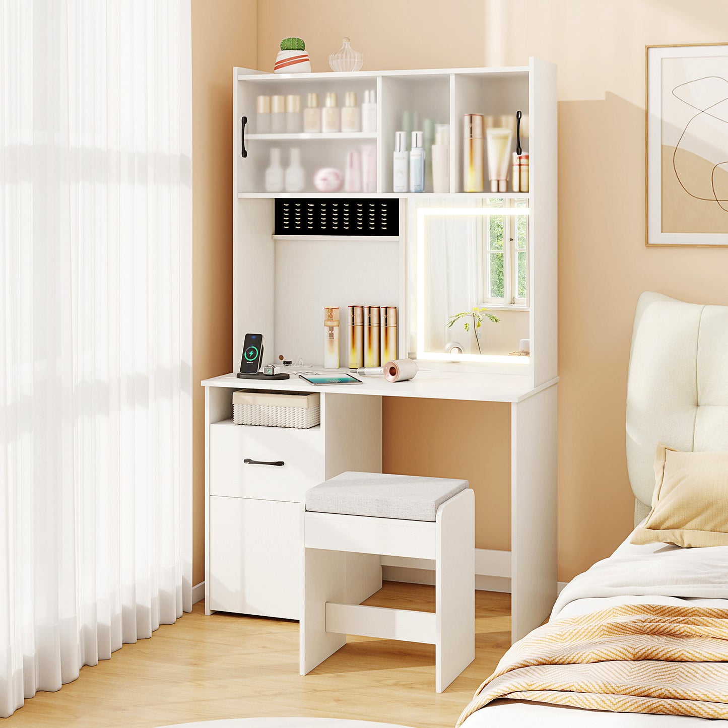 67 Inches Tall Vanity Set with Mirror Makeup Dressing Table with Charging Station-White