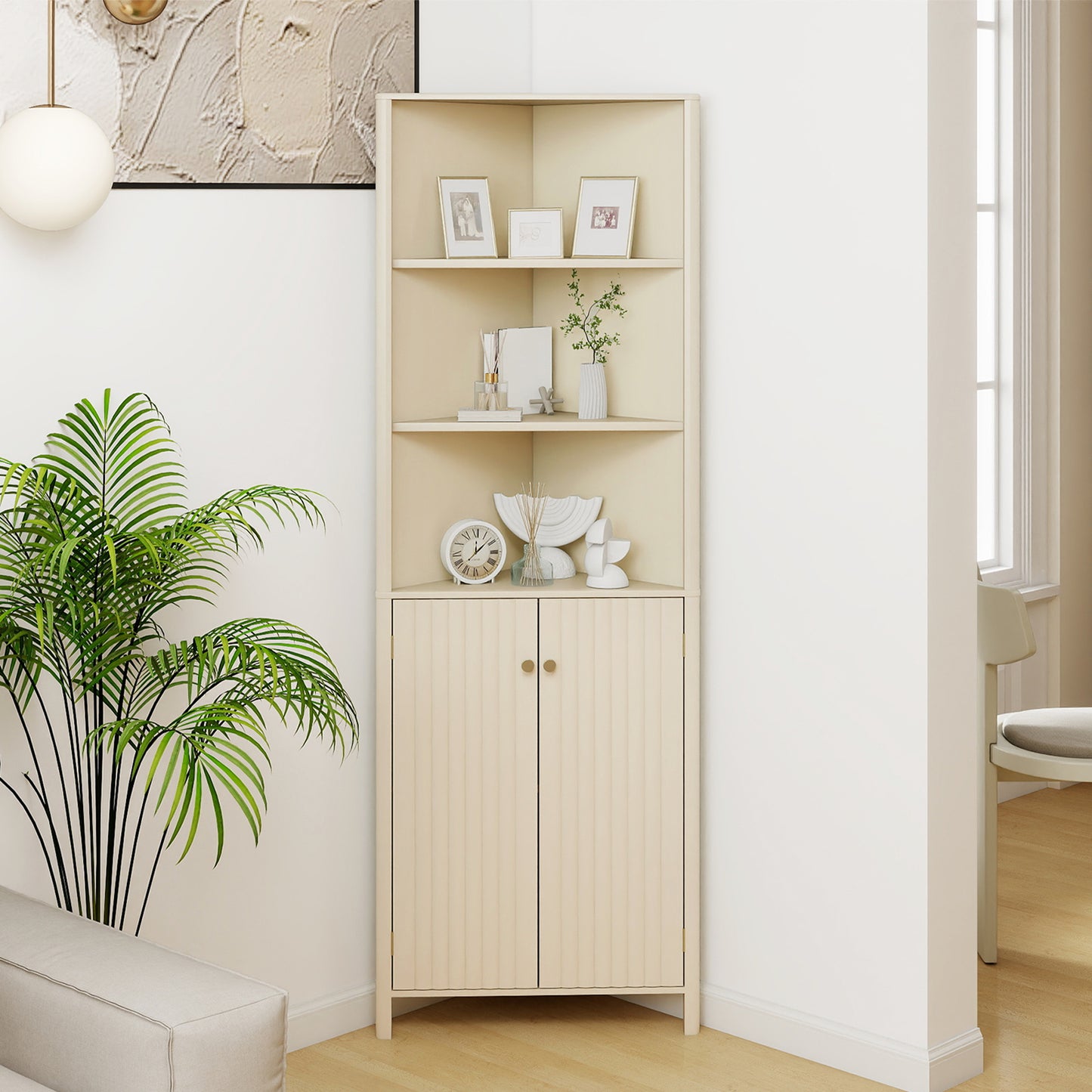 68 Inch Tall Corner Cabinet with 5 Shelves and 2 Fluted Doors for Bathroom-Beige