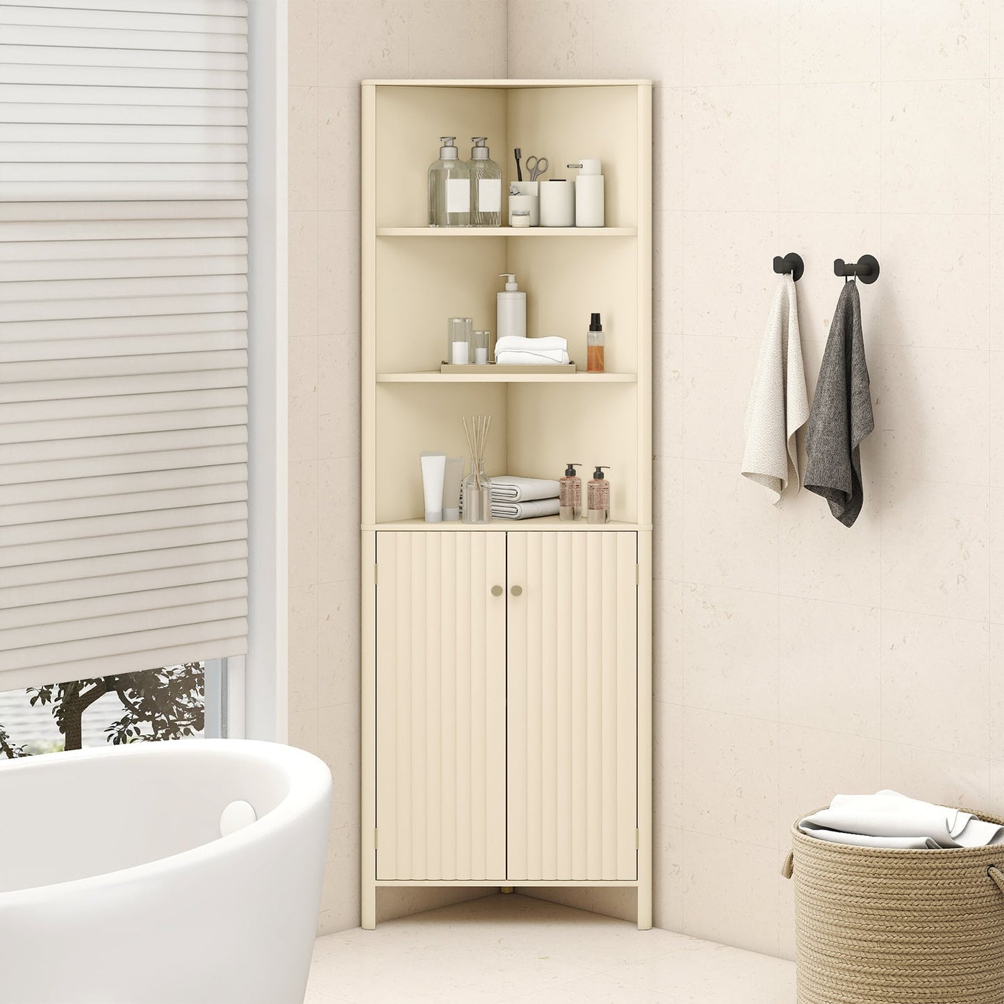 68 Inch Tall Corner Cabinet with 5 Shelves and 2 Fluted Doors for Bathroom-Beige