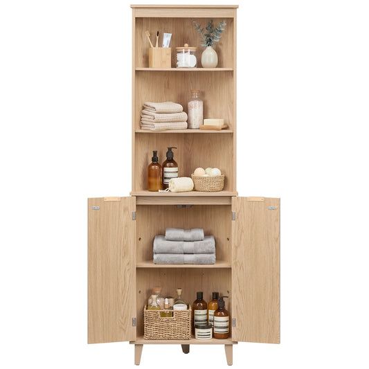 68 Inch Tall Corner Cabinet with Fluted Doors for Bathroom-Oak