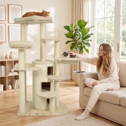 68 Inch Wooden Cat Tree with 3-Story Condo and Hammock for Kittens-Beige