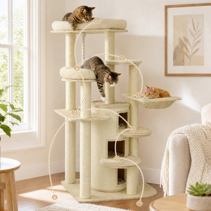 68 Inch Wooden Cat Tree with 3-Story Condo and Hammock for Kittens-Beige