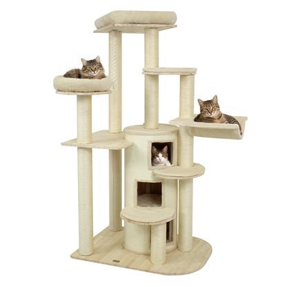 68 Inch Wooden Cat Tree with 3-Story Condo and Hammock for Kittens-Beige