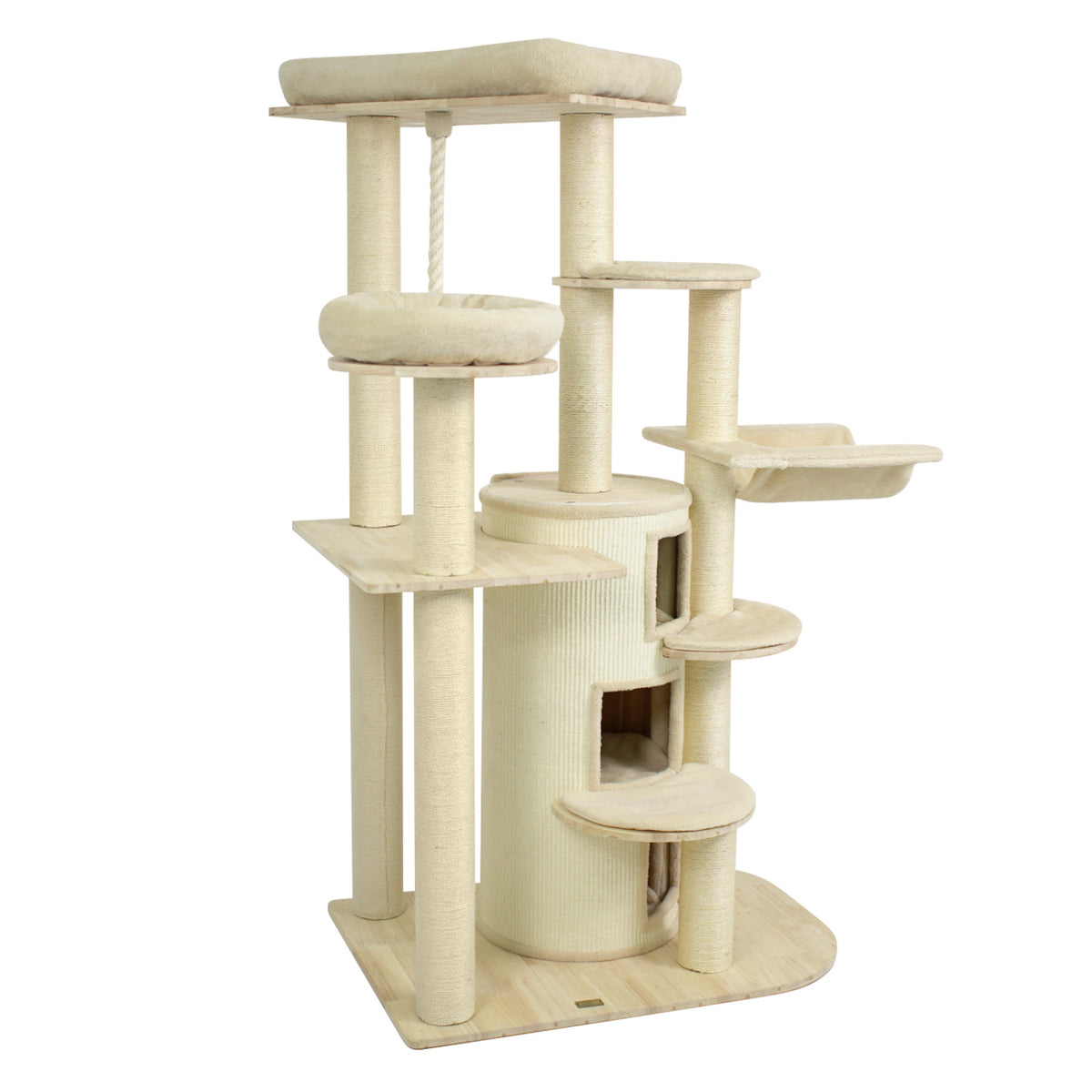 68 Inch Wooden Cat Tree with 3-Story Condo and Hammock for Kittens-Beige