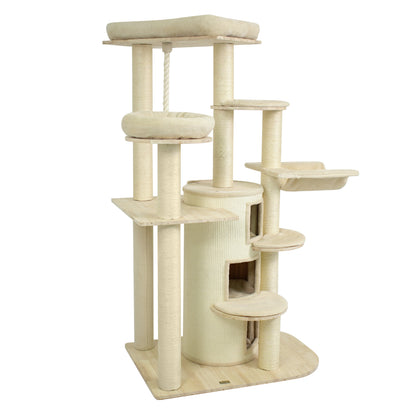 68 Inch Wooden Cat Tree with 3-Story Condo and Hammock for Kittens-Beige