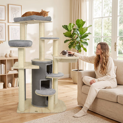68 Inch Wooden Cat Tree with 3-Story Condo and Hammock for Kittens-Beige
