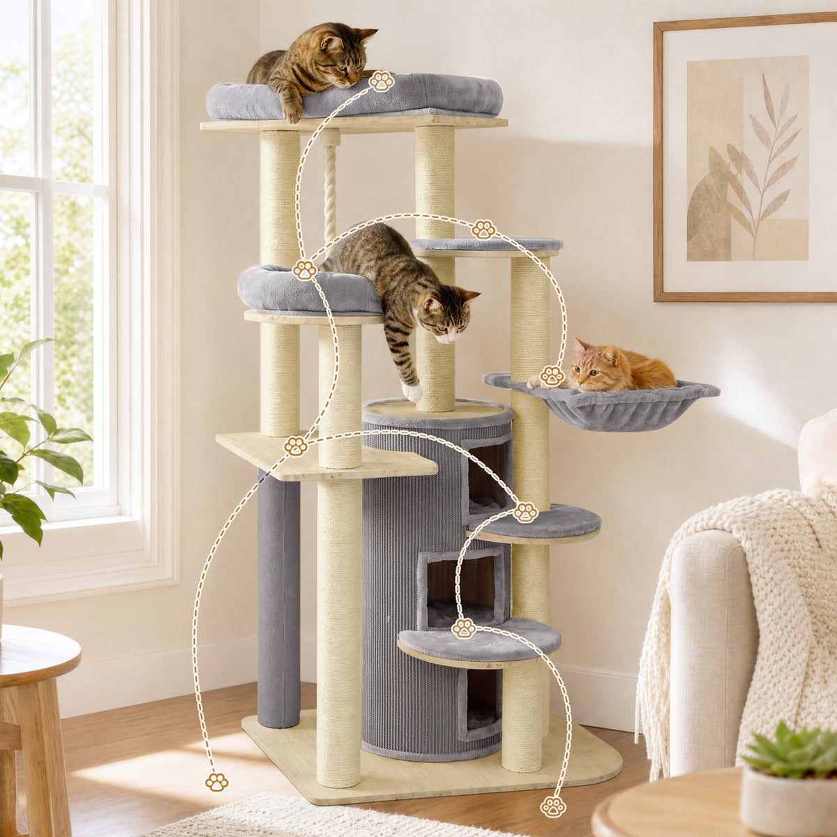 68 Inch Wooden Cat Tree with 3-Story Condo and Hammock for Kittens-Beige