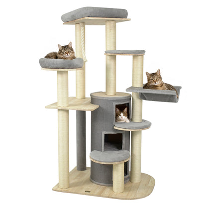 68 Inch Wooden Cat Tree with 3-Story Condo and Hammock for Kittens-Beige