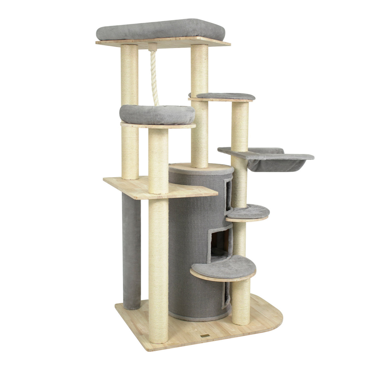 68 Inch Wooden Cat Tree with 3-Story Condo and Hammock for Kittens-Beige