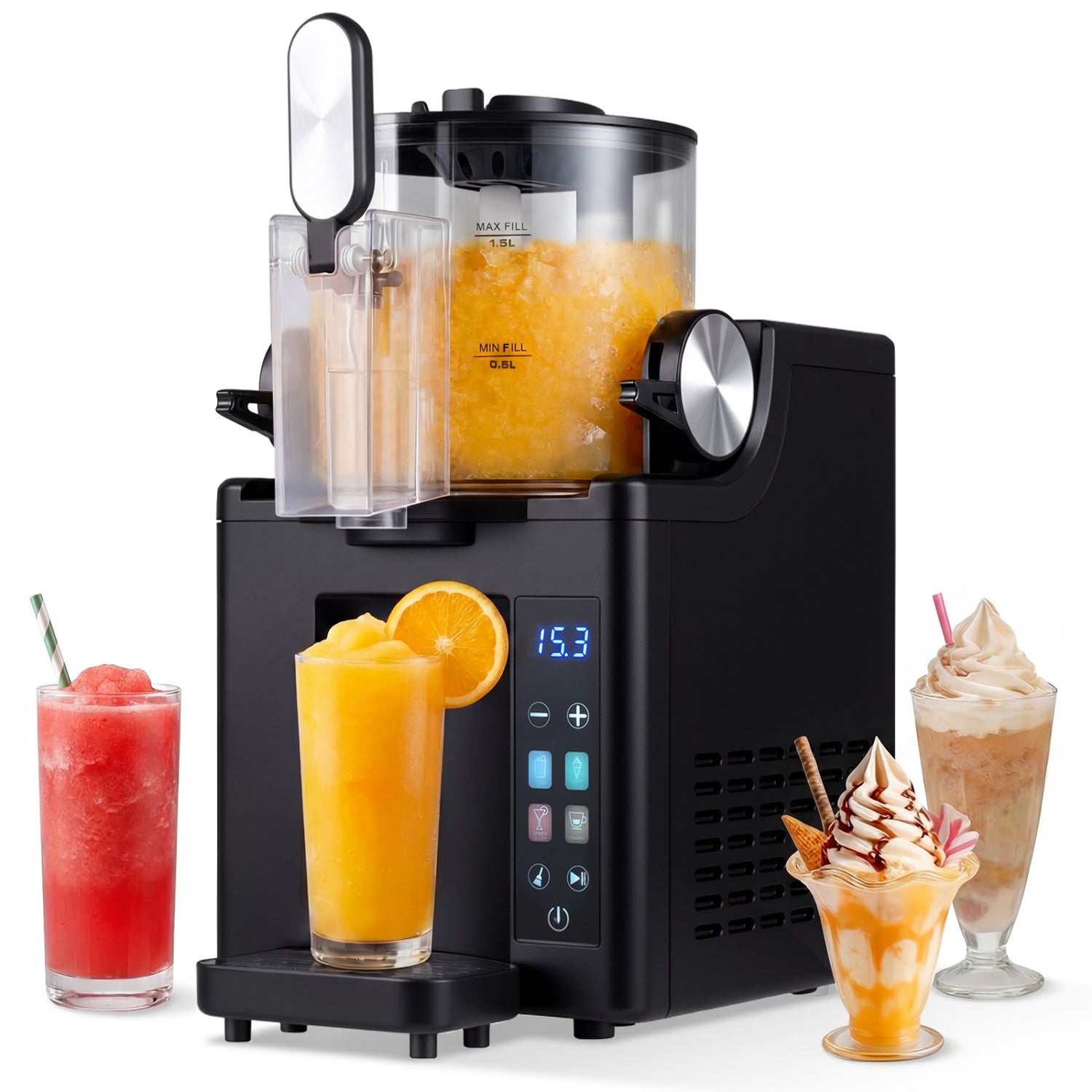 Black 68 oz frozen drink maker and slushy machine for home use, with ice crushing capabilities, by Direct by Wilsons Home Store.