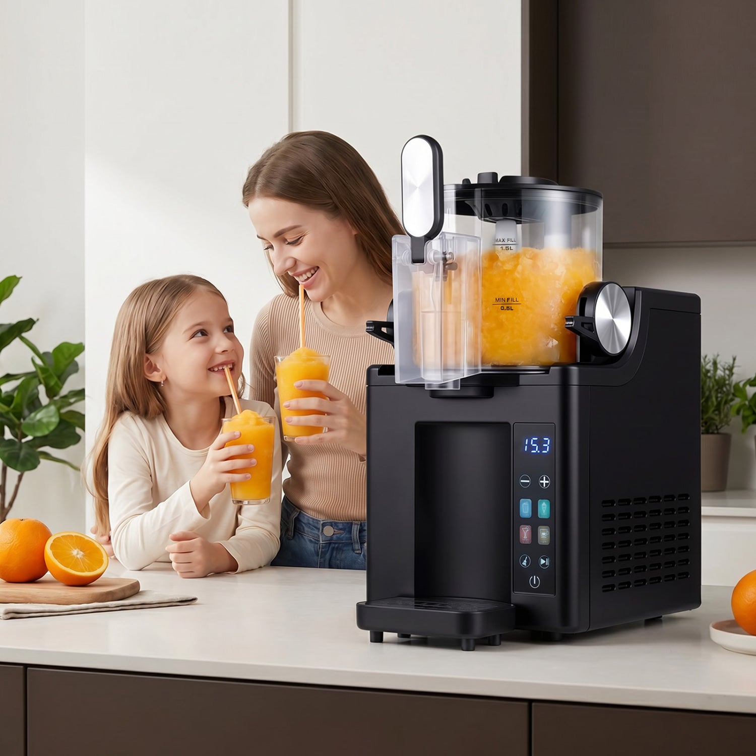 Black 68 oz frozen drink maker and slushy machine by Direct by Wilsons Home Store, showing the appliance with clear controls and ice reservoir.