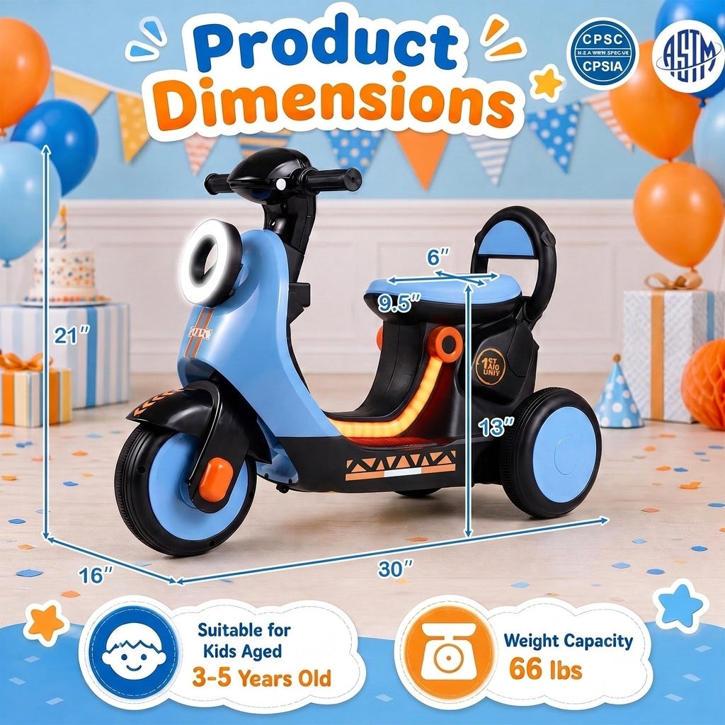 6V Electric Ride on Motorcycle with LED Headlight for Kids Aged 3-5 Years-Blue