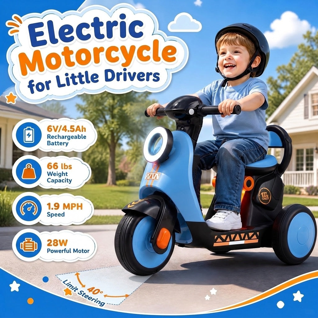 6V Electric Ride on Motorcycle with LED Headlight for Kids Aged 3-5 Years-Blue