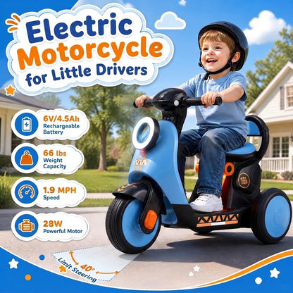 6V Electric Ride on Motorcycle with LED Headlight for Kids Aged 3-5 Years-Blue