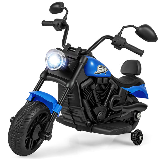 6V Kids Motorcycle with Headlight and Music and Training Wheels-Navy