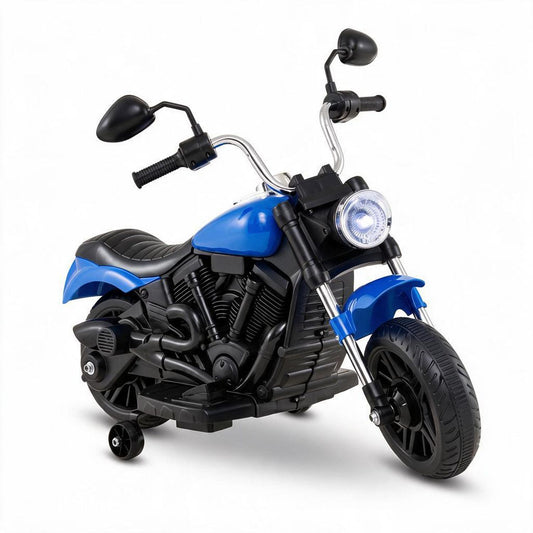 Blue 6V kids motorcycle with detachable training wheels and music, suitable for children aged 2-5, designed for ride-on play.