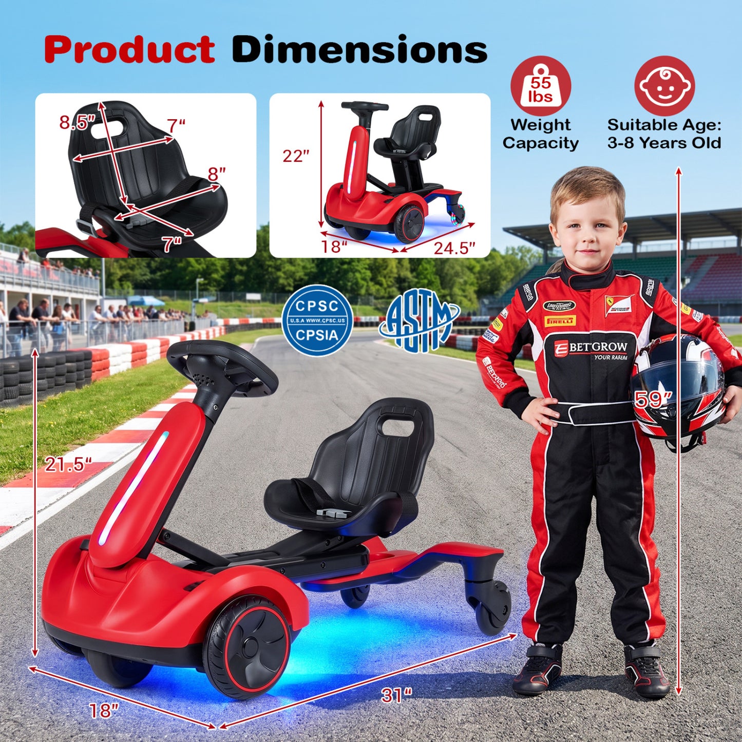 6V Ride-on Drift Car with Lights and Adjustable Seat-Black