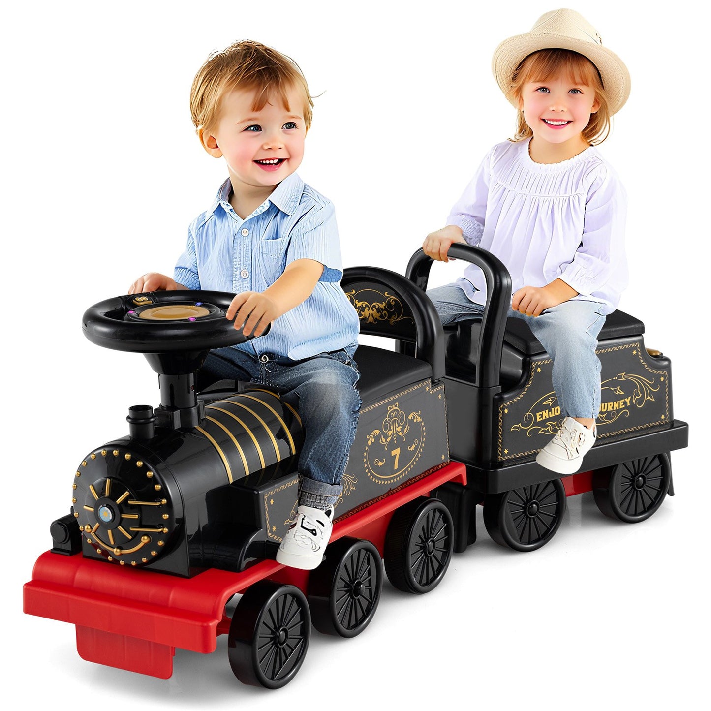 6V Ride on Train 2-Seater with Carriage and Flashing LED Lights-Black