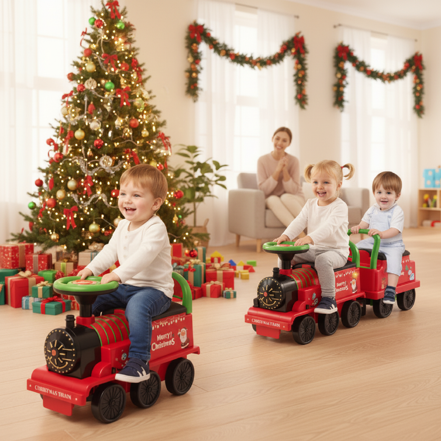 6V Toddler Ride On Train Combo: Track Ride & 2-Seater Carriage Set